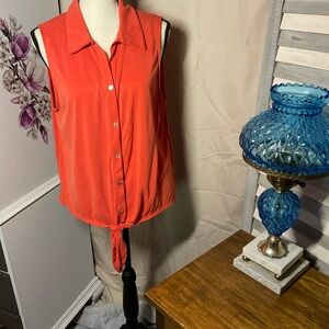 Ladies Sleeveless Collared Button Up Front Tie Blouse Large